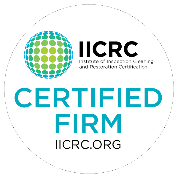 Circular badge with a green and blue dotted globe, the text IICRC Certified Firm, and Institute of Inspection Cleaning and Restoration Certification above IICRC.ORG on a white background.