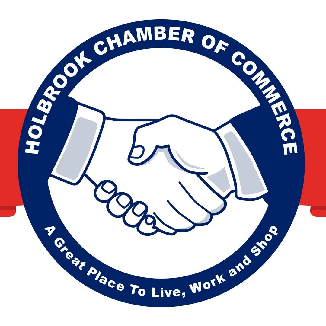Logo of the Holbrook Chamber of Commerce featuring two hands shaking inside a blue circle. The text around the circle reads Holbrook Chamber of Commerce and A Great Place to Live, Work and Shop.