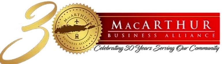 Logo for the MacArthur Business Alliance featuring a large gold 30, a gold seal with an airplane, and a red banner. Text reads: Celebrating 30 years serving our community.