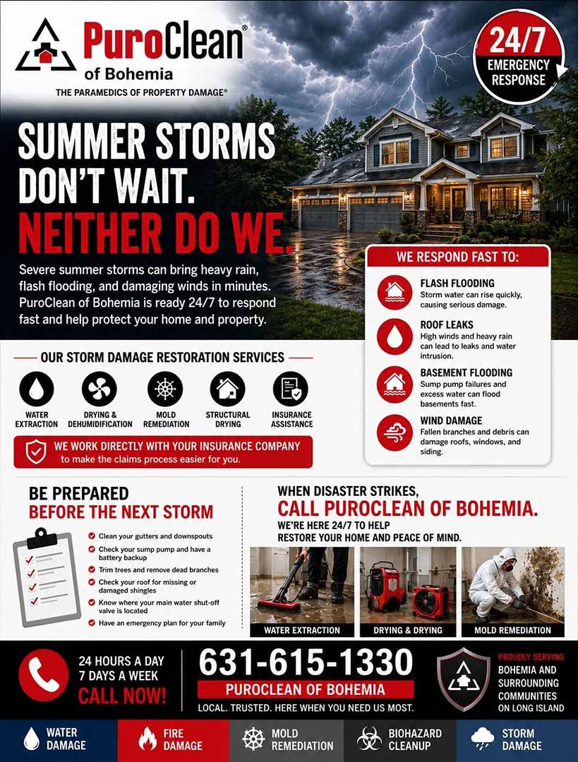 Infographic for PuroClean of Bohemia’s 24/7 emergency storm response, listing services like water extraction, drying, fire, mold, and biohazard cleanup, plus contact info, icons, and storm preparedness tips.