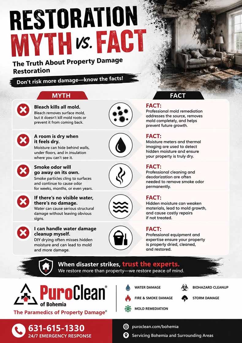 An infographic titled Restoration Myth vs. Fact lists five myths and corresponding facts about property damage restoration, with icons and tips. Contact info for PuroClean of Bohemia appears at the bottom.