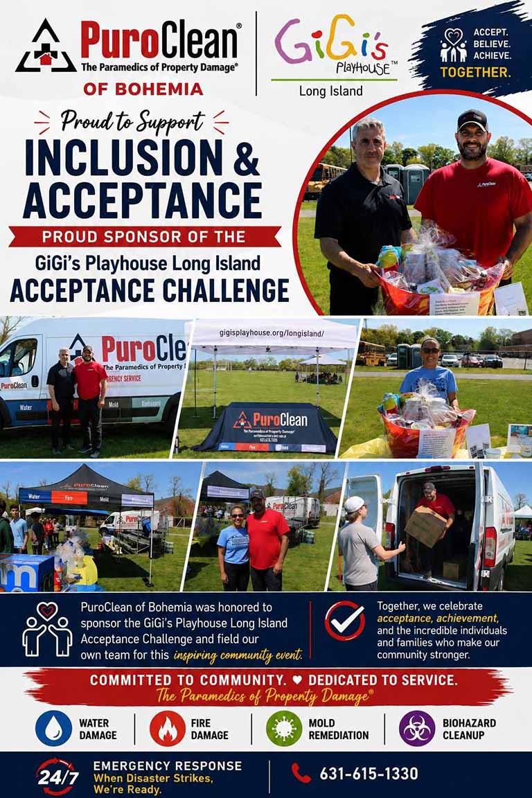 A flyer featuring PuroClean and GiGi’s Playhouse logos, promoting inclusion and acceptance, showing photos of people at a community event with information about the Acceptance Challenge and emergency response services.