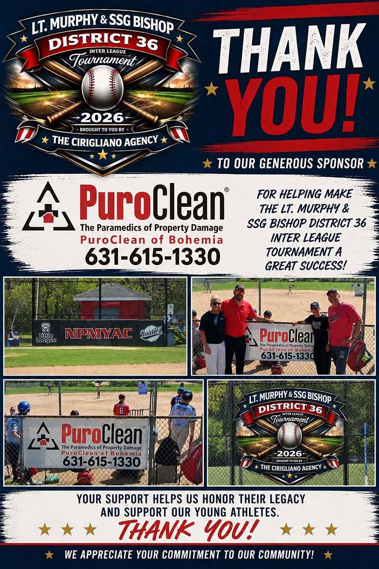 Poster thanking PuroClean for sponsoring the Lt. Murphy & SSG Bishop District 36 Little League Tournament, with logos, tournament info, and photos of baseball players and signs on the field displaying PuroClean’s sponsorship.