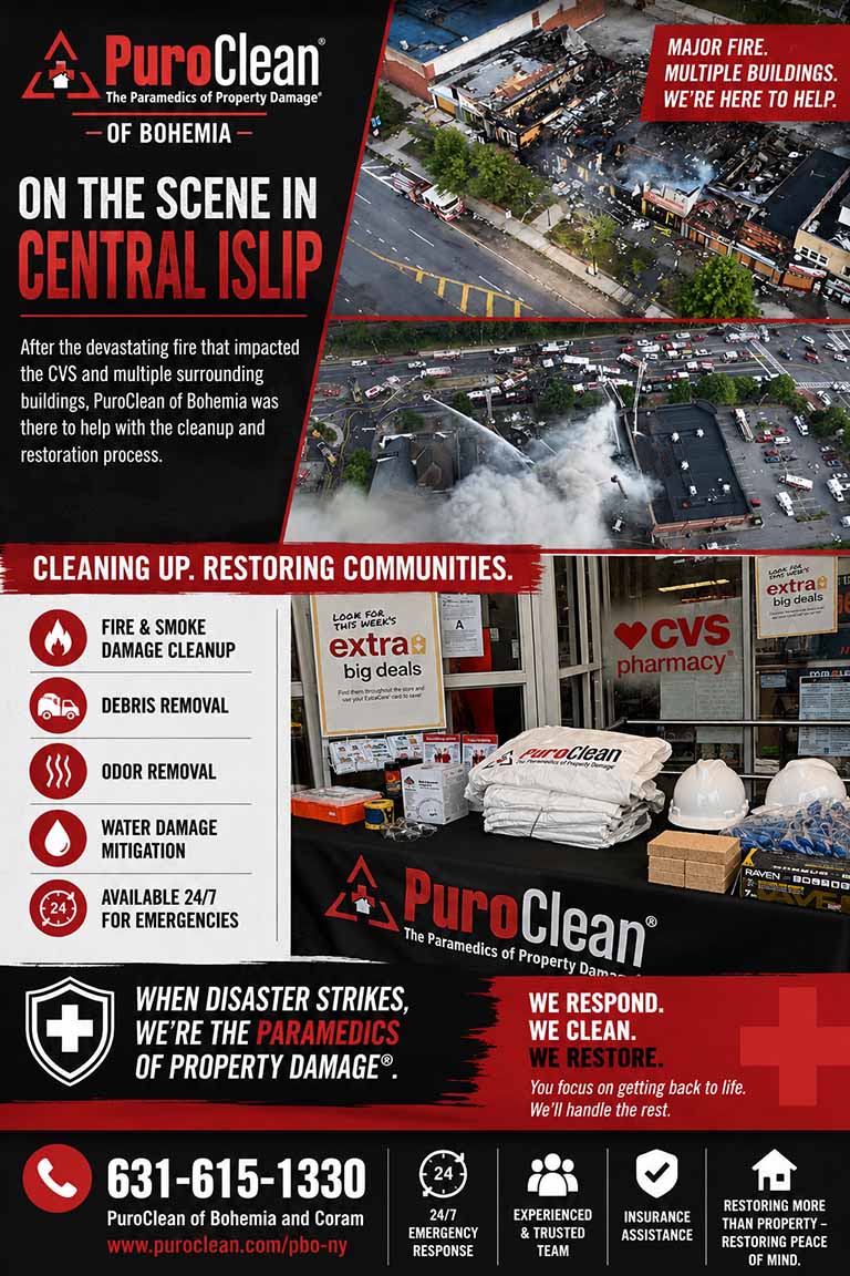 Promotional flyer for PuroClean showing their fire and smoke damage cleanup at a CVS pharmacy in Central Islip, with images of damaged buildings, cleanup gear, and emergency response icons. Contact info and services are listed.