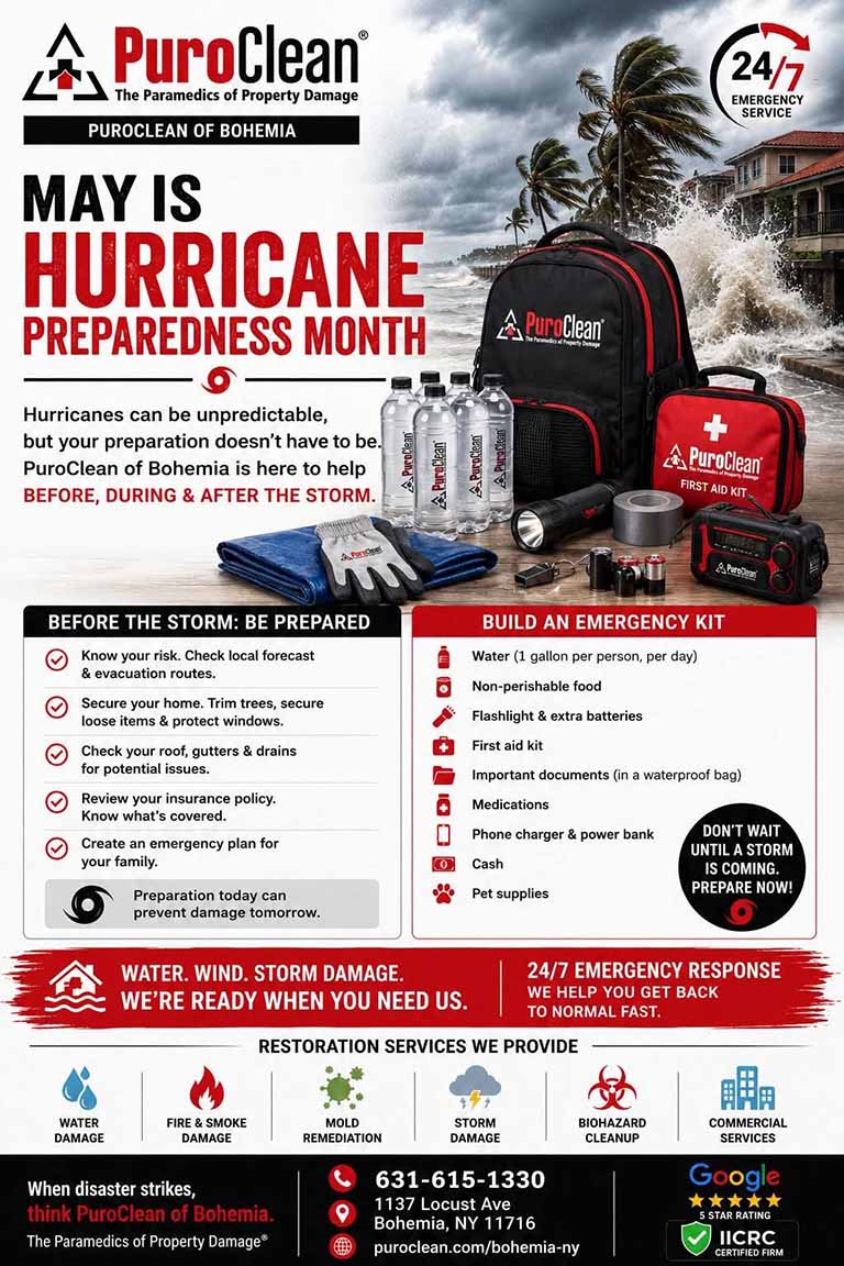 An infographic by PuroClean highlights Hurricane Preparedness Month with tips for before, during, and after a storm, a list of emergency supplies, PuroClean branding, contact info, and images of emergency kit items.