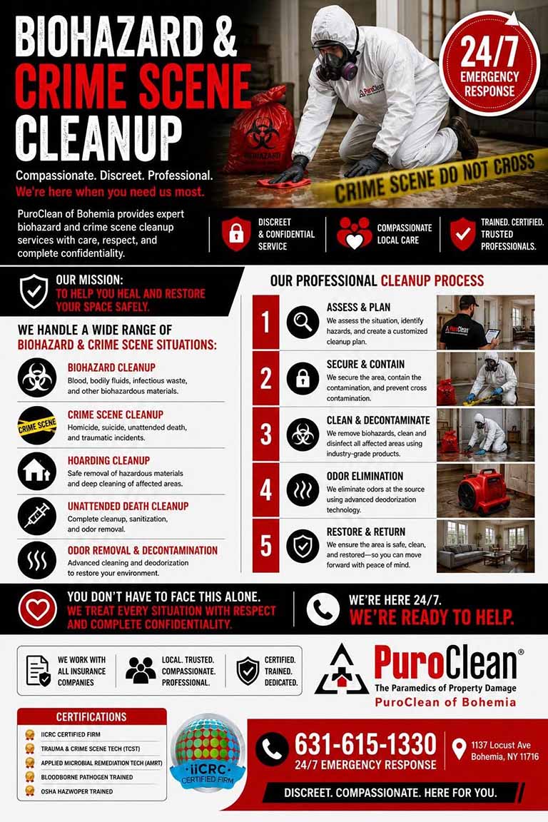 An informative flyer for PuroClean biohazard and crime scene cleanup lists services, cleanup process steps, emergency contact, and credentials, using red, black, and white colors with icons and a photo of professionals in hazmat suits.