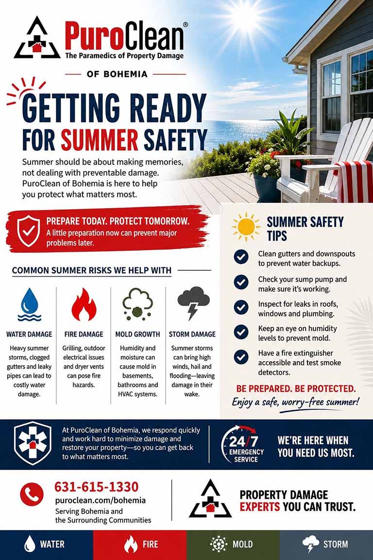 Infographic by PuroClean about summer safety tips, featuring home exterior photo, icons for water, fire, mold, and storm damage, summer safety suggestions, 24/7 emergency info, and company contact details in red, yellow, and blue text boxes.