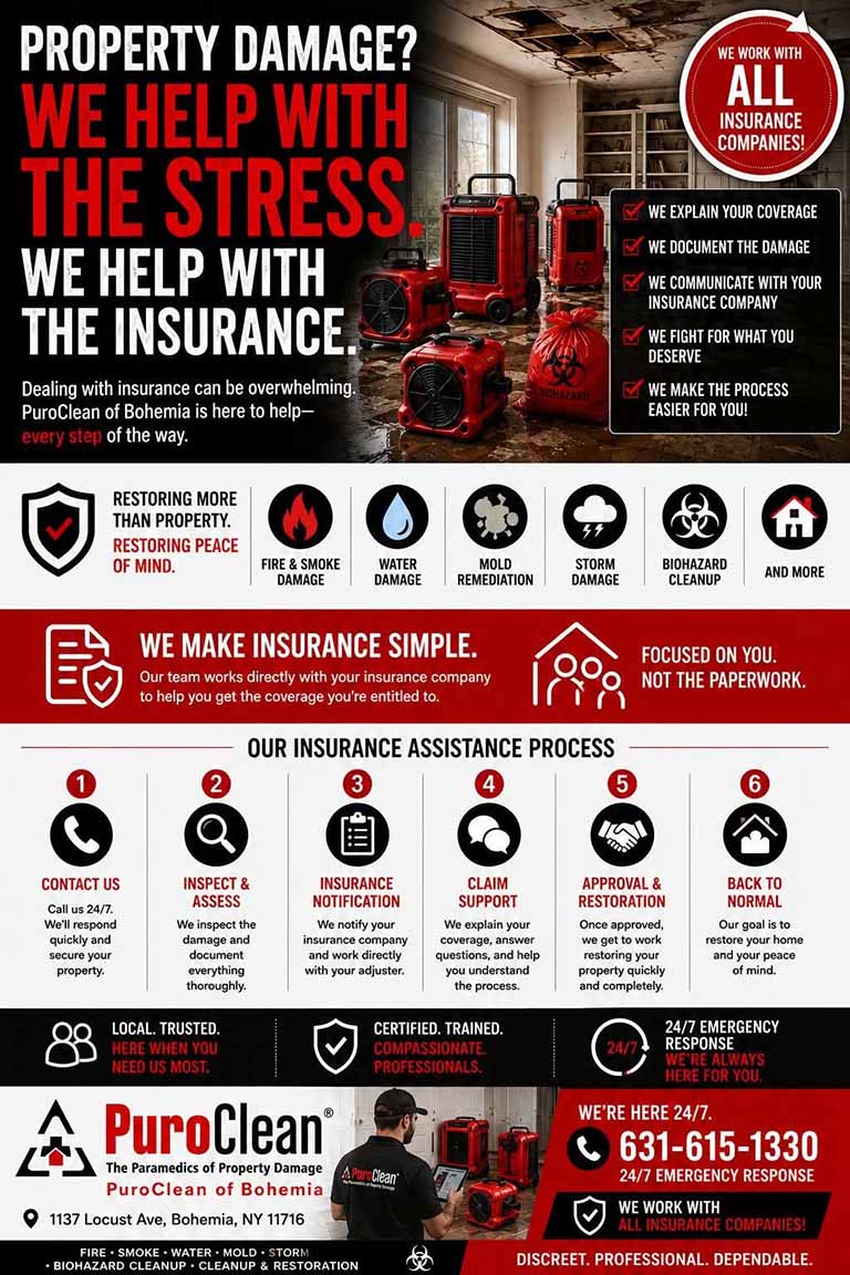 Infographic for PuroClean restoration services, showing emergency equipment and listing steps for insurance assistance in cases of fire, smoke, water, or mold damage. Includes contact info and benefits of working with their team.