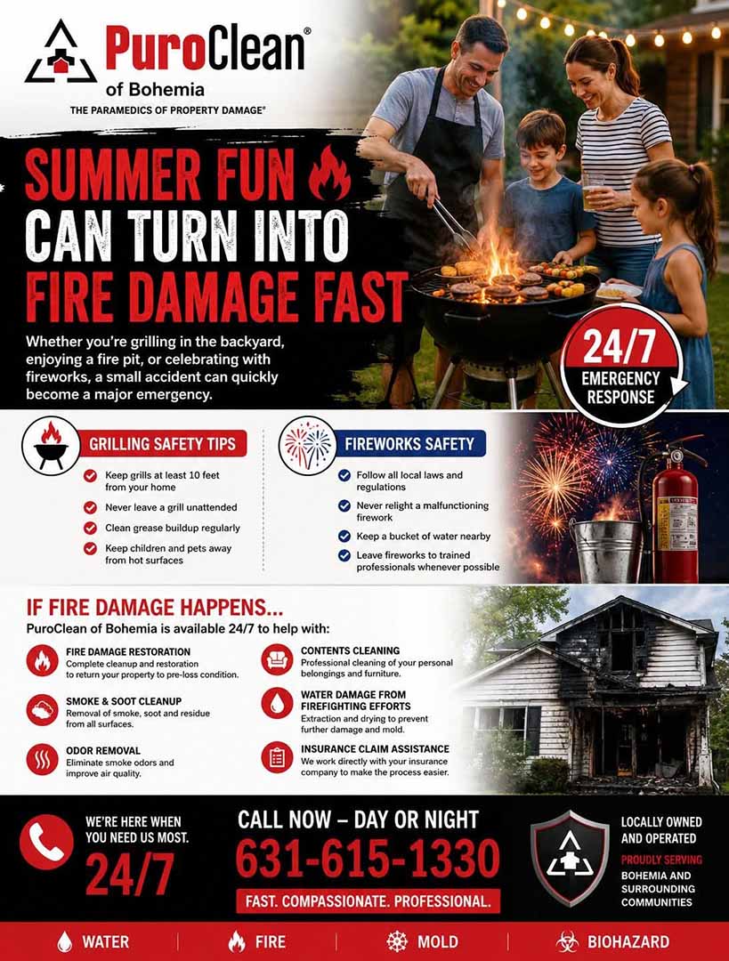 A fire safety flyer from PuroClean warns about fire risks during summer fun, showing a family grilling, fireworks, and a burned house. It lists safety tips, emergency contacts, and fire damage services.