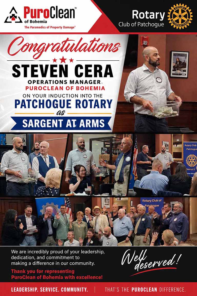 A man is honored at a Rotary Club event, holding a plaque as people applaud. The poster congratulates Steven Cera for being inducted as Sergeant at Arms and features photos of the ceremony and messages of appreciation.