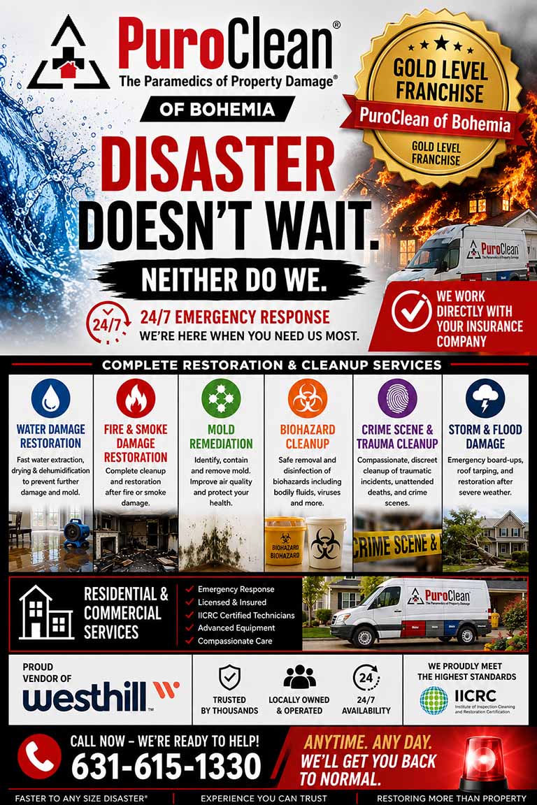 PuroClean disaster restoration ad listing services like water damage, fire and smoke, mold, biohazard cleanup, with contact info, emergency response, logos, and images of damaged properties.