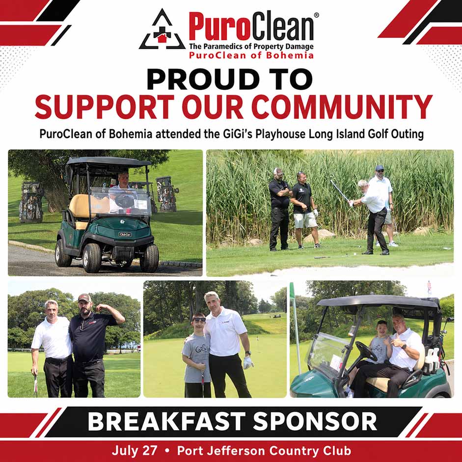 Four men enjoy a golf outing, some standing and some in golf carts. Text reads: PuroClean of Bohemia attended the GiGis Playhouse Long Island Golf Outing. Breakfast Sponsor. July 27, Port Jefferson Country Club..